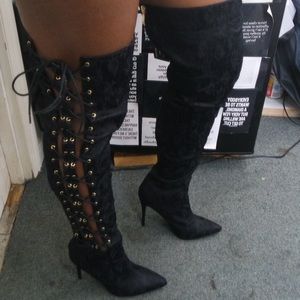 Laced Up Floral Detail Thigh High Heels